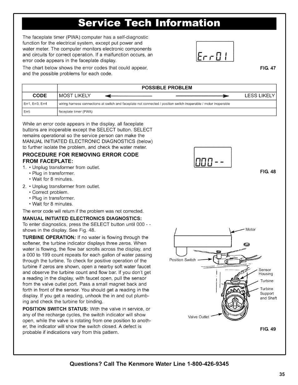 Procedure for removing error code from faceplate, Service tech information | Kenmore 625.38306 User Manual | Page 35 / 96