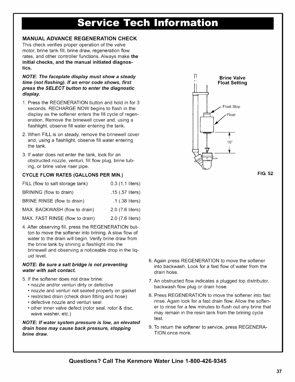 Manual advance regeneration check, Cycle flow rates (gallons per min.), Service tech information | Kenmore 625.38306 User Manual | Page 37 / 96