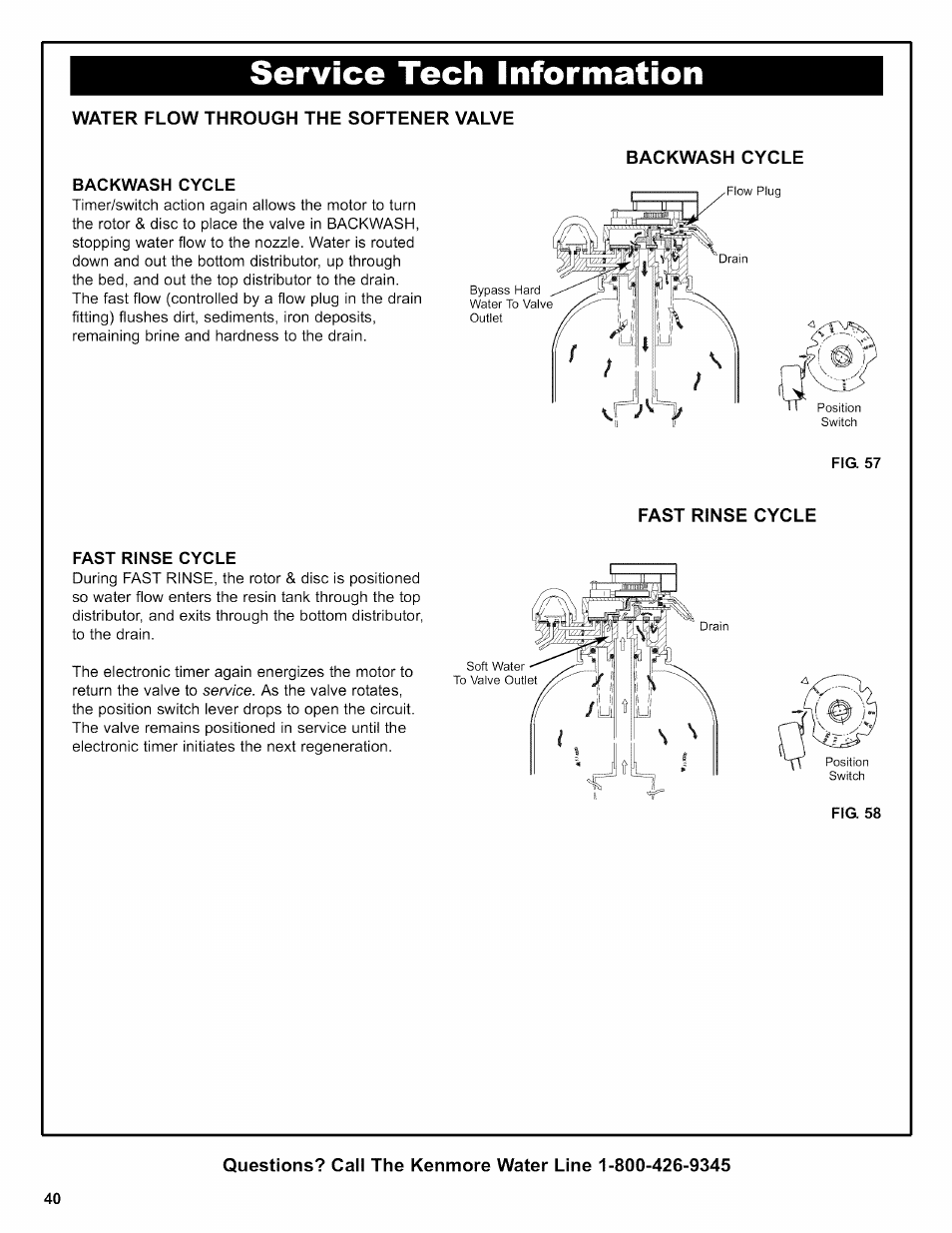 W/vter flow through the softener valve, Backwash cycle, Fast rinse cycle | Service tech information | Kenmore 625.38306 User Manual | Page 40 / 96