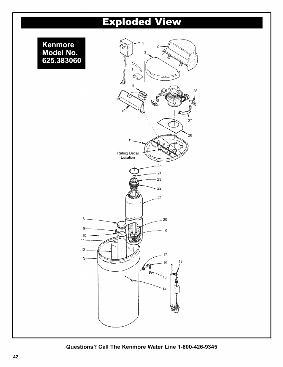 Exploded view, Kenmore model no | Kenmore 625.38306 User Manual | Page 42 / 96