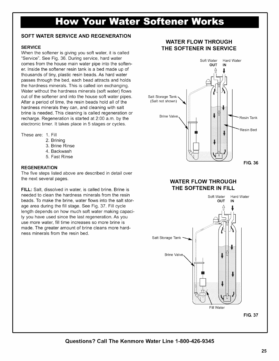 Soft w/vter service and regeneration service, Regeneration, Water flow through the softener in fill | How your water softener works | Kenmore 625.38306 User Manual | Page 73 / 96