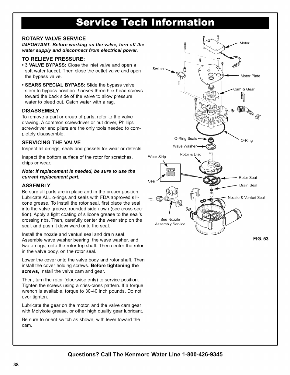 Rotary valve service, To relieve pressure, Disassembly | Servicing the valve, Assembly, Service tech information | Kenmore 625.38306 User Manual | Page 86 / 96