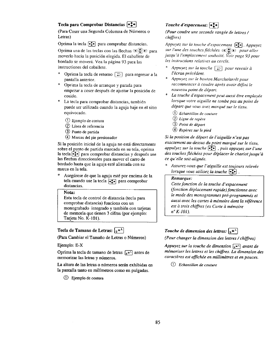 Tecla para comprobar distancias, Nota, Tecla de tamaño de letras: u | Kenmore 385. 19000 User Manual | Page 101 / 134