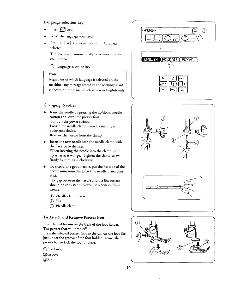 Selection key, Changing needles, To attach and remove presser feet | To attach and remove presser foot, 3[s]sg, I o ol\ i | Kenmore 385. 19000 User Manual | Page 26 / 134