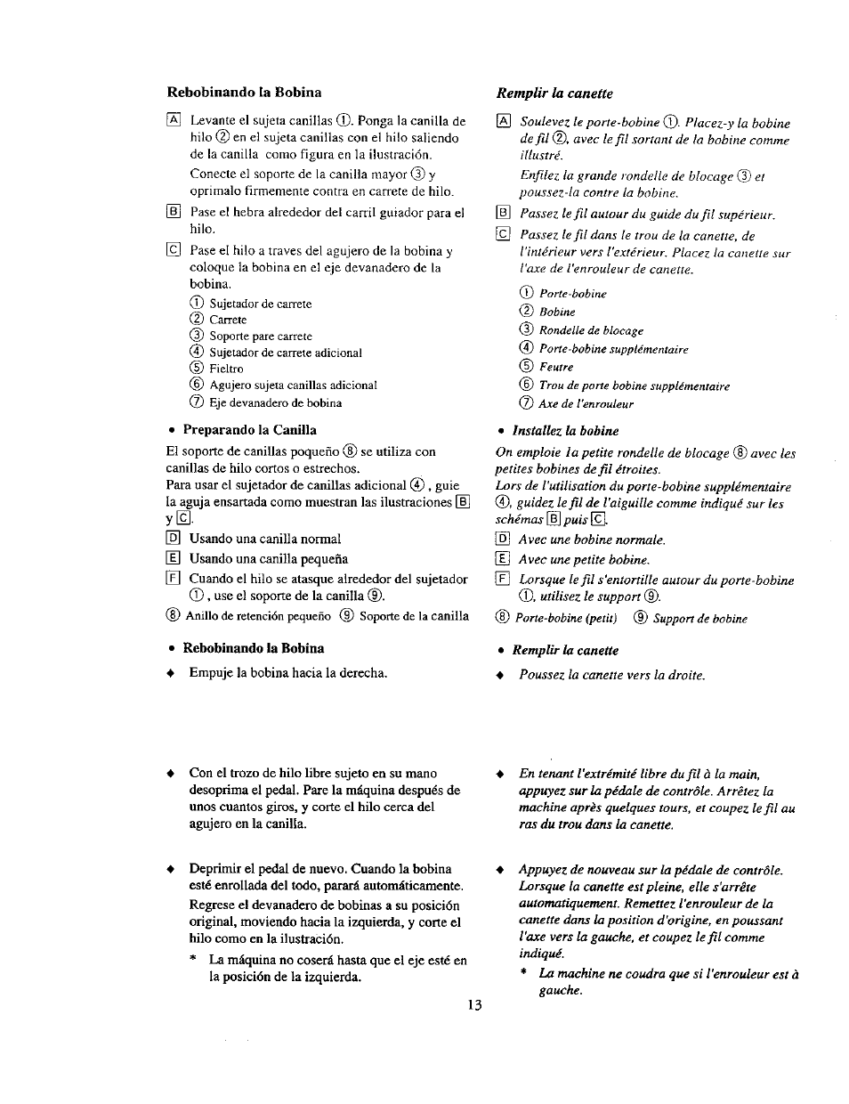 Preparando la canilla, Rebobinando la bobina, Installez la bobine | Remplir la canette | Kenmore 385. 19000 User Manual | Page 29 / 134