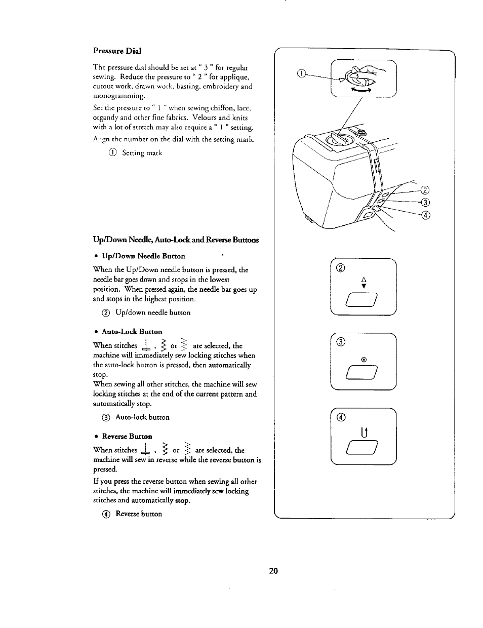 Pressure dial, Up/dovhi needle, auto-lock and reverse buttons, Up/down needle, auto-lock and reverse buttons | Kenmore 385. 19000 User Manual | Page 36 / 134