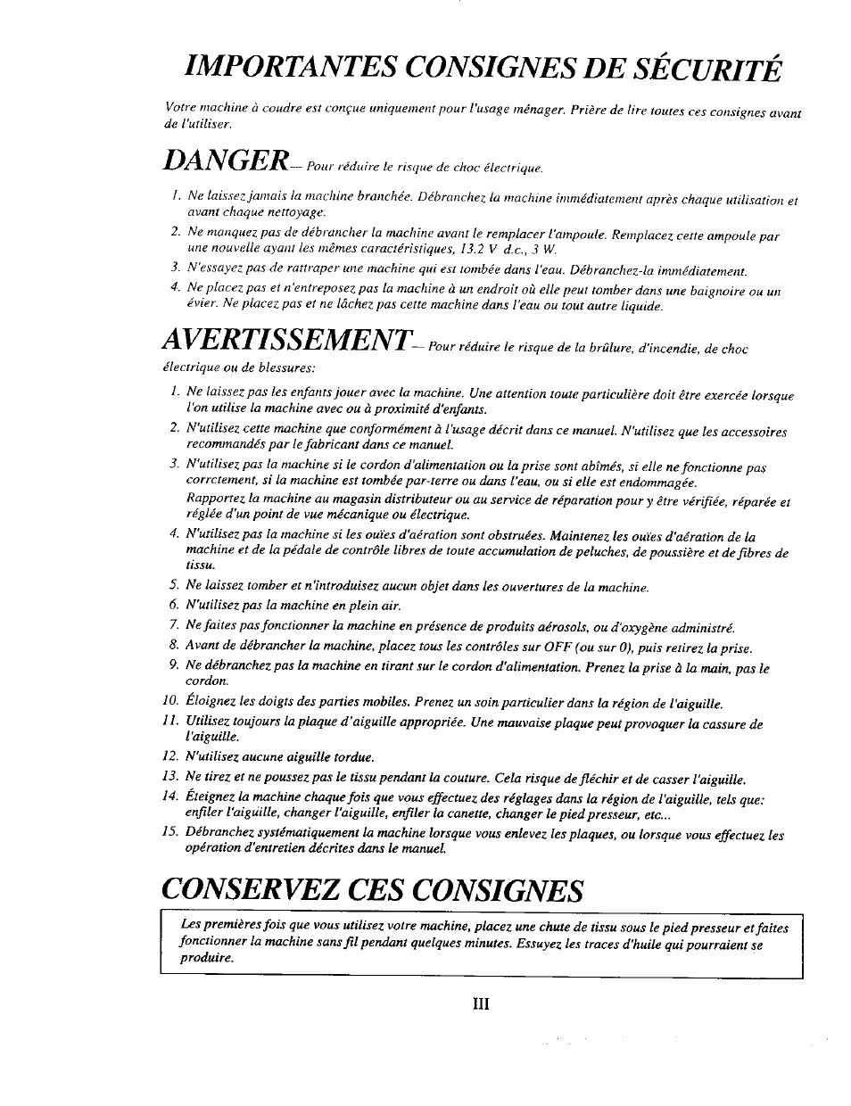 Importantes consignes de sécurité, Danger, Avertissement | Conservez ces consignes | Kenmore 385. 19000 User Manual | Page 5 / 134