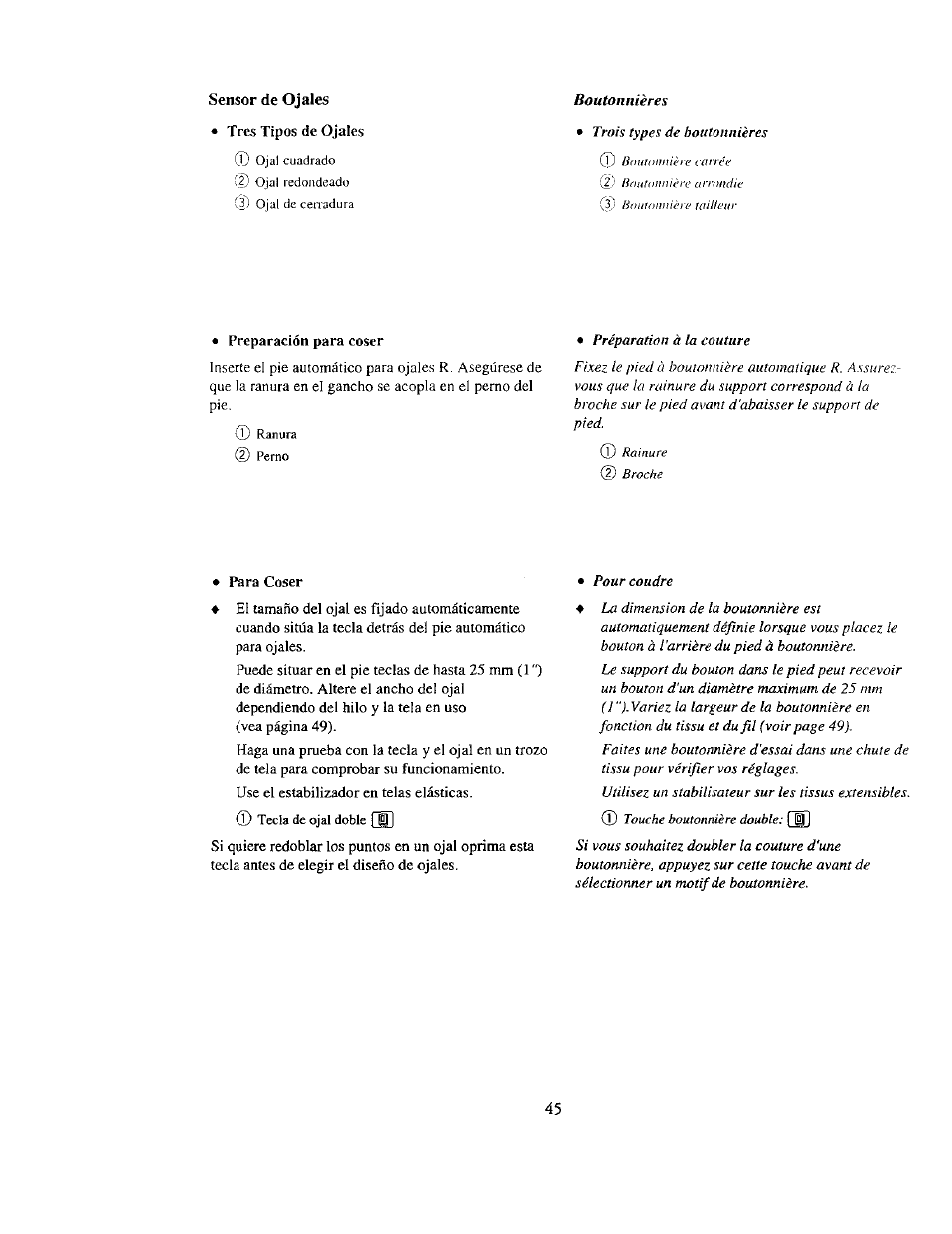 Preparación para coser, Para coser, Sensor de ojales | Boutonnières | Kenmore 385. 19000 User Manual | Page 61 / 134