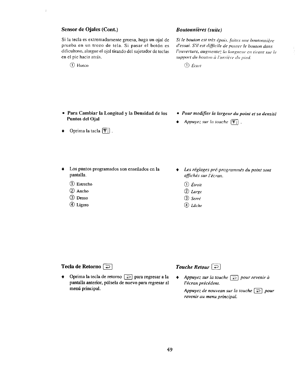 Tecla de retorno [~::э, Boutonnières (suite), Sensor de ojales (cont) | Touche retour | Kenmore 385. 19000 User Manual | Page 65 / 134