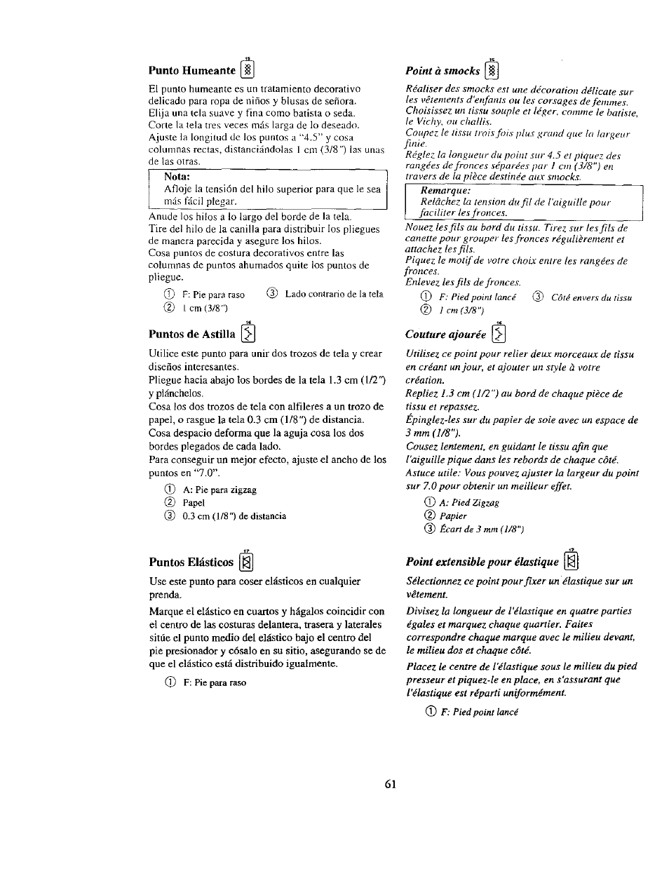 Punto humeante щ, Puntos de astilla, Puntos elásticos | Punto humeante, Point à smocks, Couture ajourée, Point extensible pour élastique | Kenmore 385. 19000 User Manual | Page 77 / 134