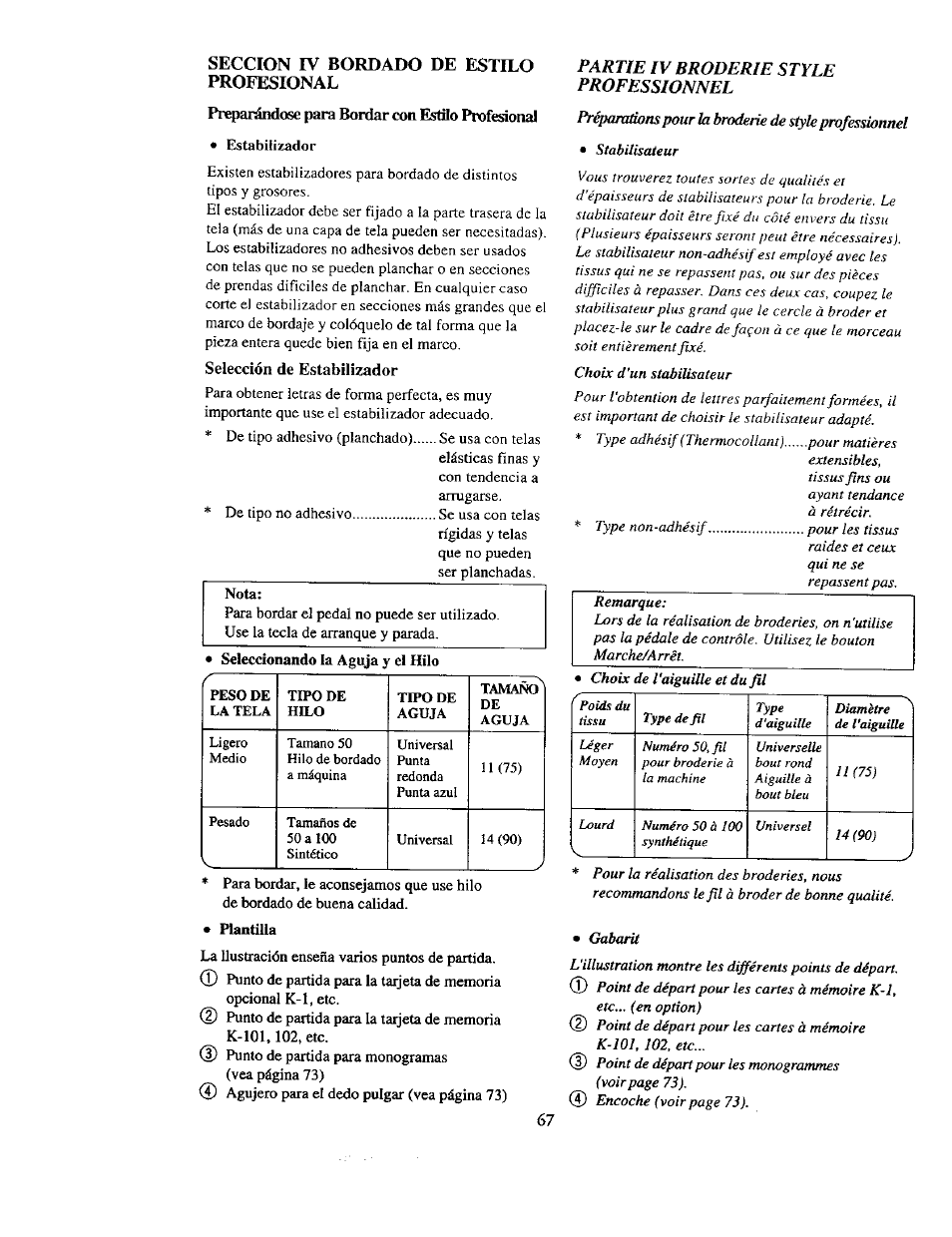 Seccion iv bordado de estilo profesional, Preparándose para bordar con estilo ftx)fesional, Estabilizador | Selección de estabilizador, Plantilla, Stabilizer, Gabarit | Kenmore 385. 19000 User Manual | Page 83 / 134