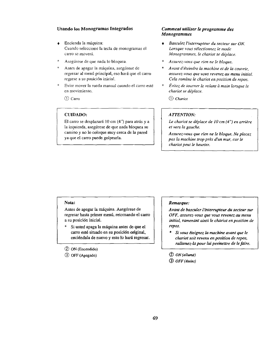 Usando los monogramas integrados, Cuidado, Nota | Comment utiliser le programme des monogrammes | Kenmore 385. 19000 User Manual | Page 85 / 134