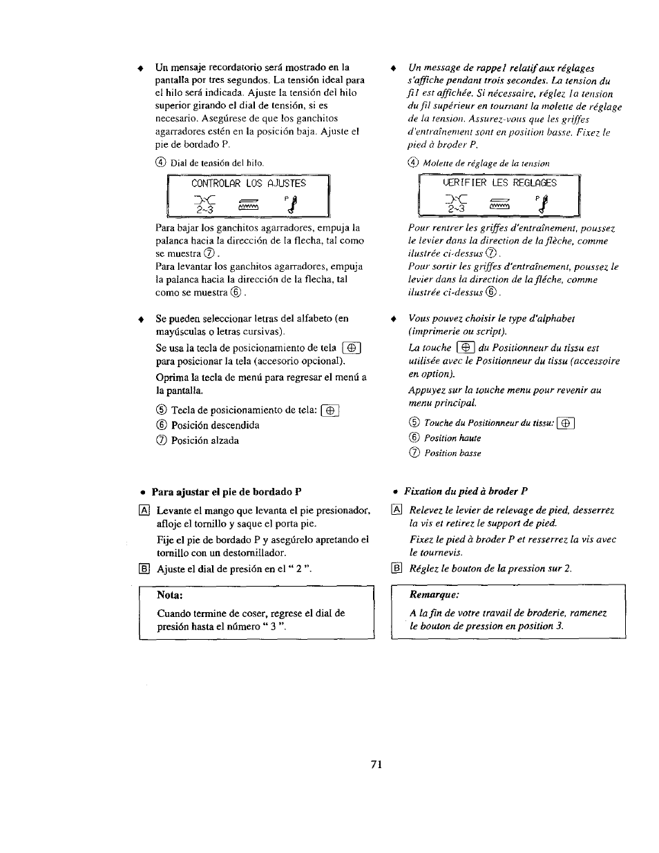 Рага ajustar el pie de bordado p, Para ajustar el pie de bordado p | Kenmore 385. 19000 User Manual | Page 87 / 134