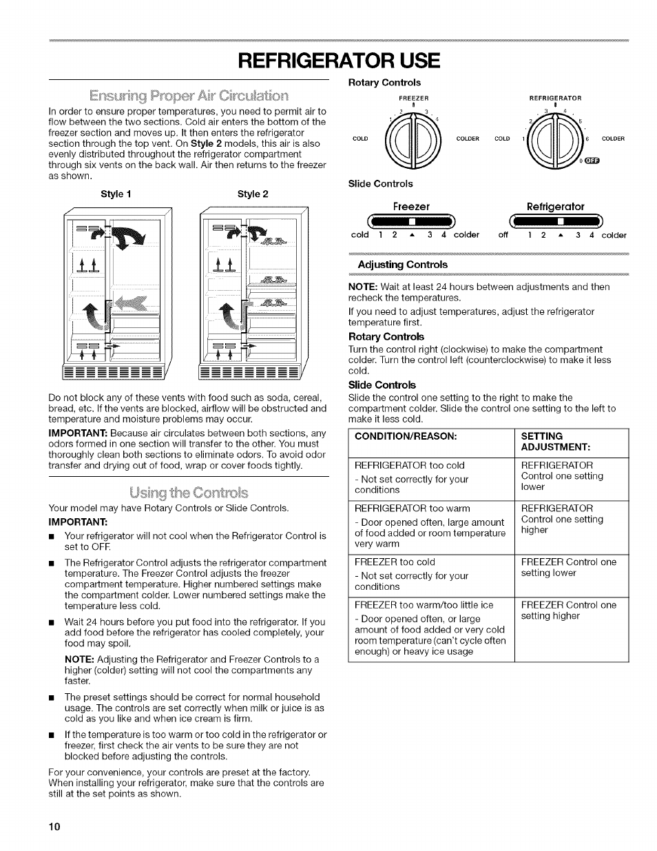 Refrigerator use, Important, Slide controls | Adjusting controls, Refrigerator doors, Using the controls | Kenmore WI0151336A User Manual | Page 10 / 80