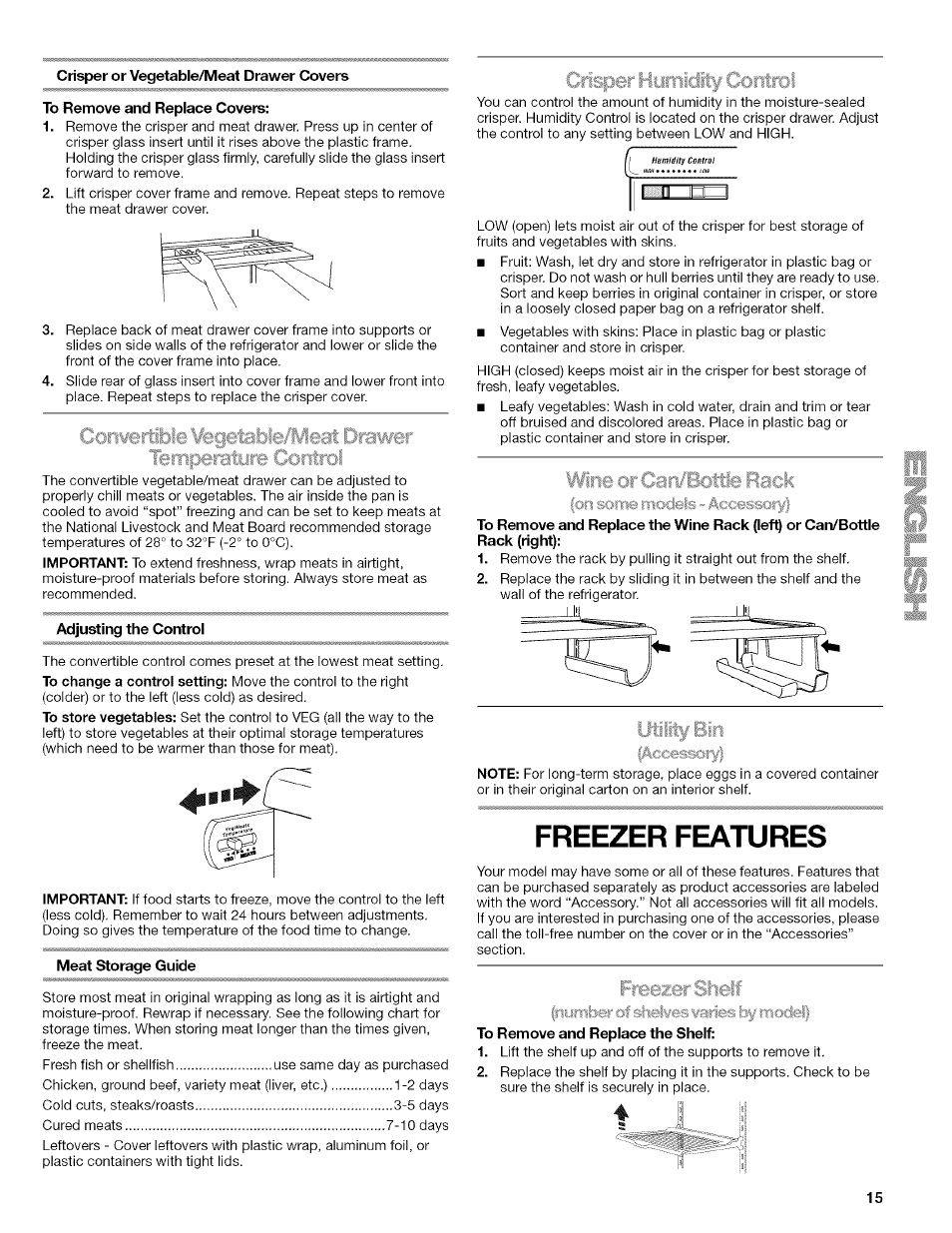 Crisper or vegetable/meat drawer covers, To remove and replace covers, Adjusting the control | Meat storage guide, Freezer features, To remove and replace the shelf, Il fi m, Jh ______lm, I;risper hyrniclrty i#ontrol | Kenmore WI0151336A User Manual | Page 15 / 80