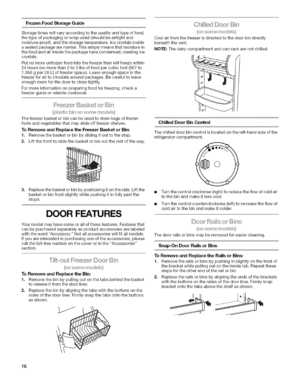 Frozen food storage guide, Door features, Chilled door bin control | To remove and replace the bin, To remove and replace the rails or bins | Kenmore WI0151336A User Manual | Page 16 / 80