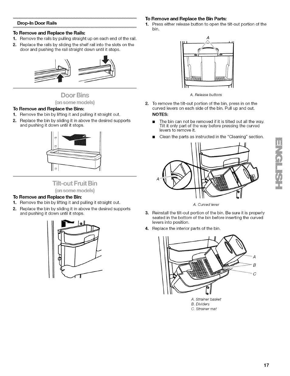 Drop-in door rails, To remove and replace the rails, To remove and replace the bin parts | To remove and repiace the bins, Oii some t'f'iocfeis, Tilt-out frutt bin | Kenmore WI0151336A User Manual | Page 17 / 80