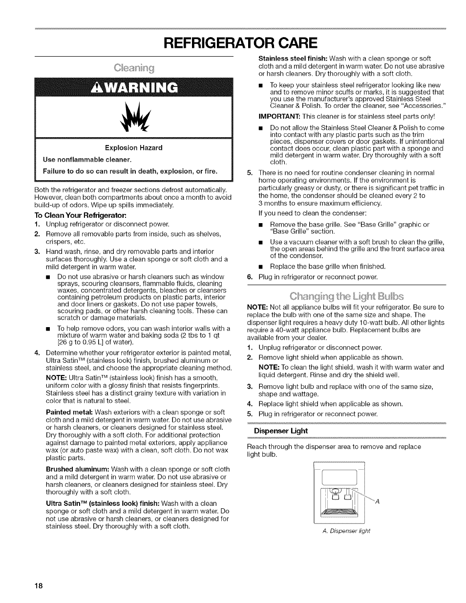 Refrigerator care, Dispenser light, Refrigerator features | Kenmore WI0151336A User Manual | Page 18 / 80