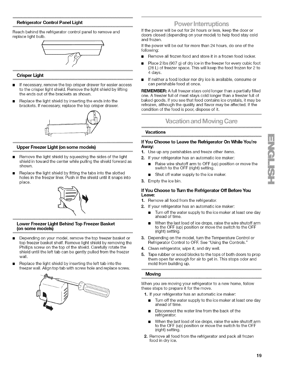 Refrigerator control panel light, Crisper light, Upper freezer light (on some models) | Vacations, Moving, Interriipions | Kenmore WI0151336A User Manual | Page 19 / 80
