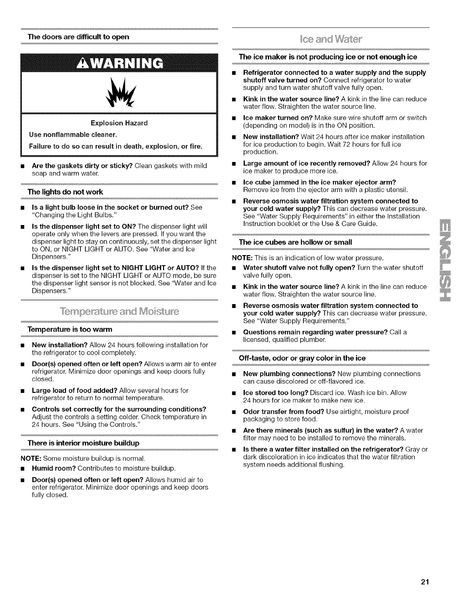 The doors are difficult to open, Explosion hazard use nonflammable cleaner, The lights do not work | Temperature is too warm, There is interior moisture buildup, The ice cubes are hollow or small, Off-taste, odor or gray color in the ice, Ice and ifeiter, Temperatyre arid moisture | Kenmore WI0151336A User Manual | Page 21 / 80