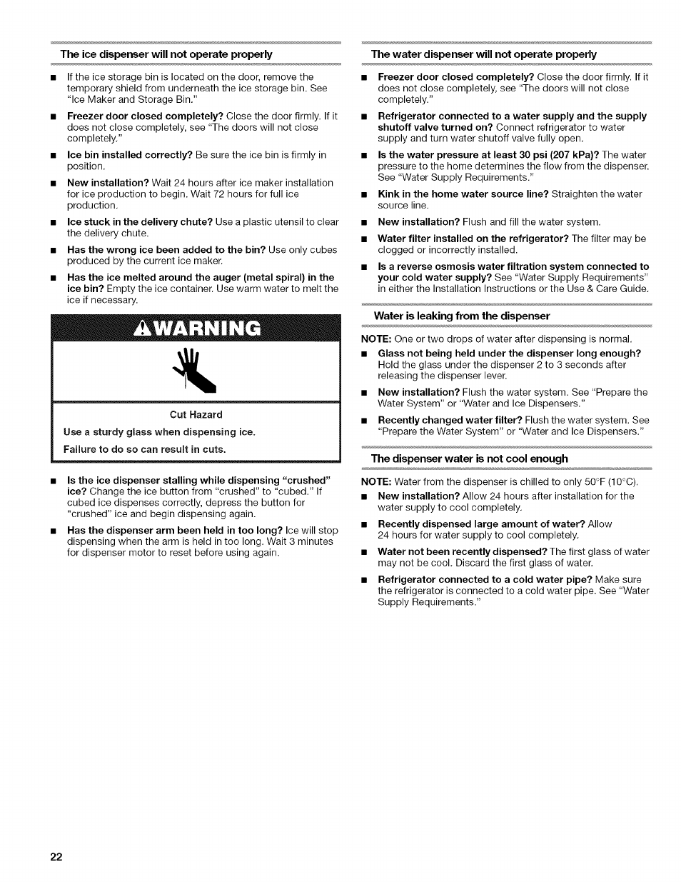 The ice dispenser wiii not operate properiy, The water dispenser wiii not operate properiy, Water is ieaking from the dispenser | The dispenser water is not cooi enough, Warning | Kenmore WI0151336A User Manual | Page 22 / 80