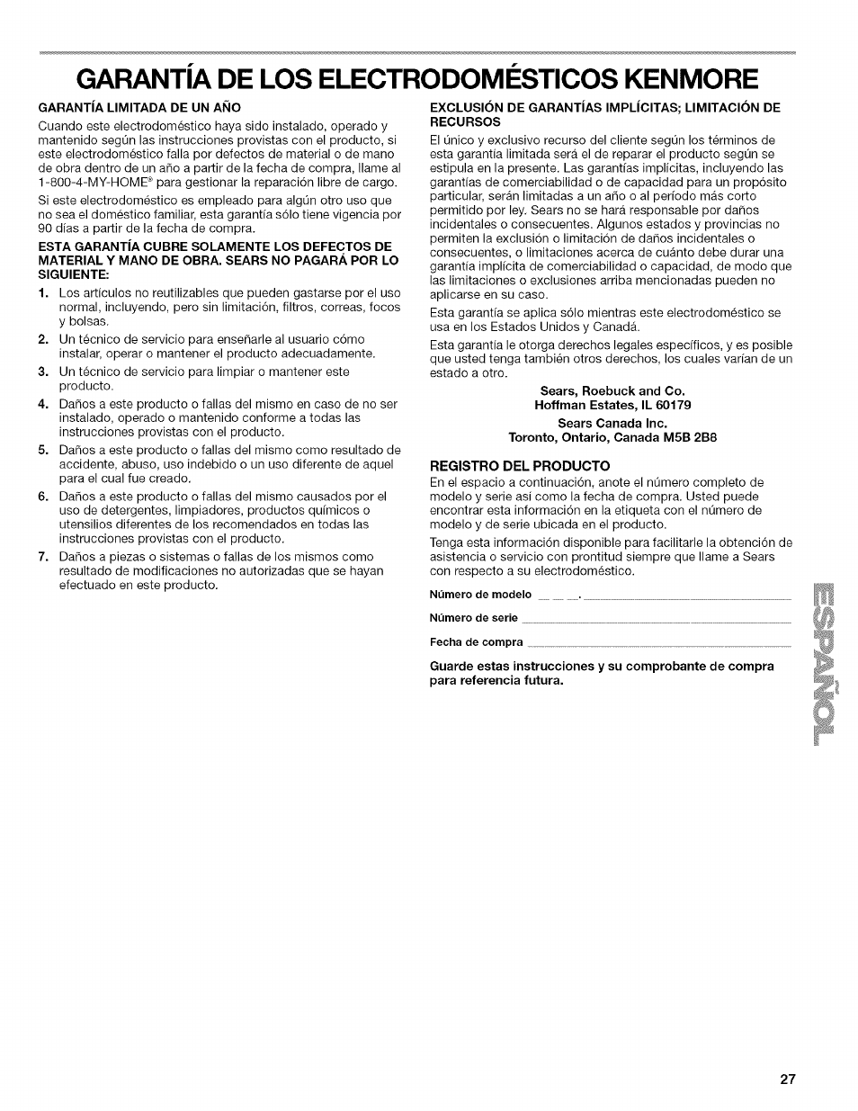 Garantia de los electrodomesticos kenmore, Garantia limitada de un ano, Sears, roebuck and co | Hoffman estafes, il 60179 sears cañada inc, Toronto, ontario, cañada m5b 2b8, Registro del producto | Kenmore WI0151336A User Manual | Page 27 / 80