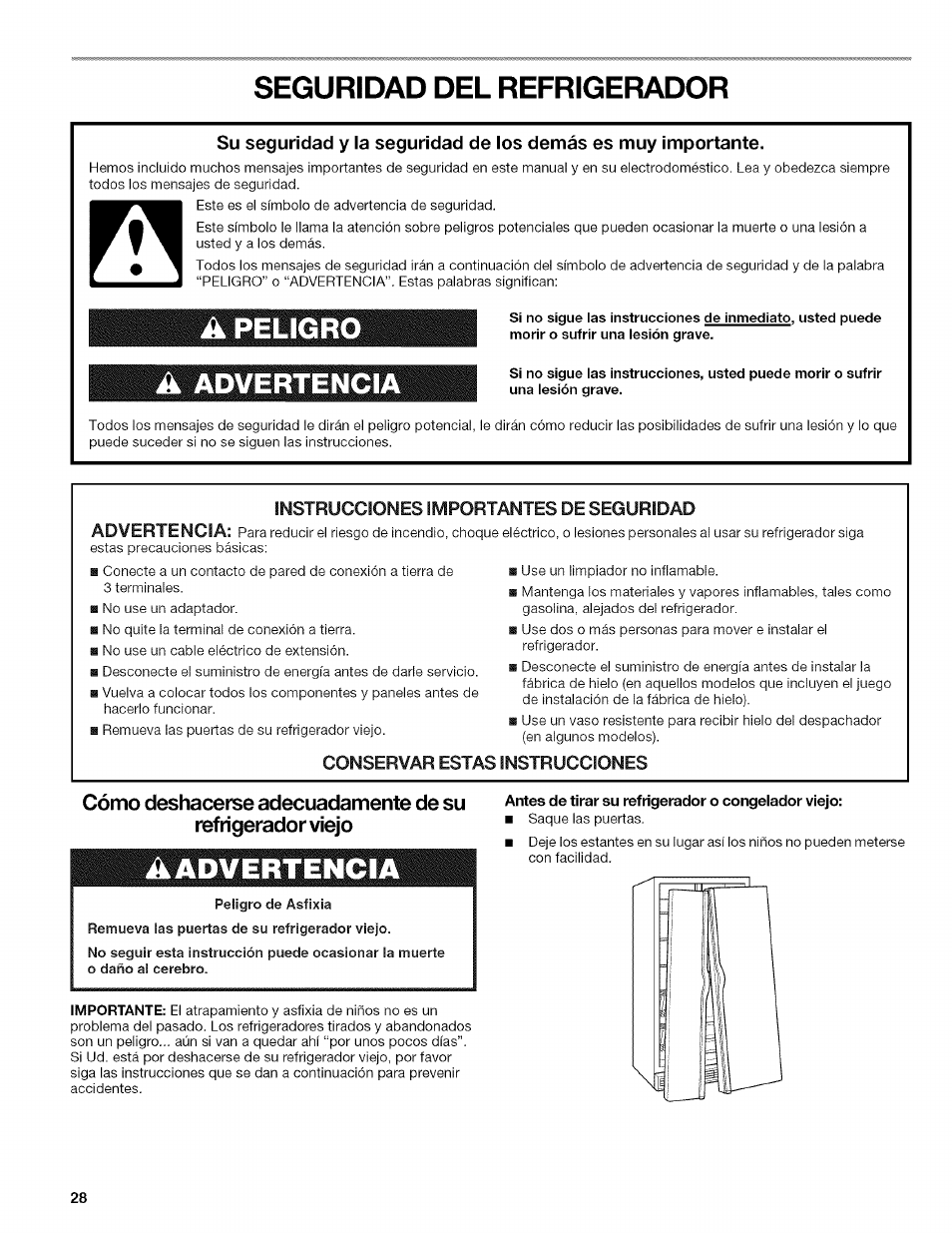 Seguridad del refrigerador, Advertengia, Peligro de asfixia | Antes de tirar su refrigerador o congelador viejo, Advertencia, Conservar estas instrucciones | Kenmore WI0151336A User Manual | Page 28 / 80