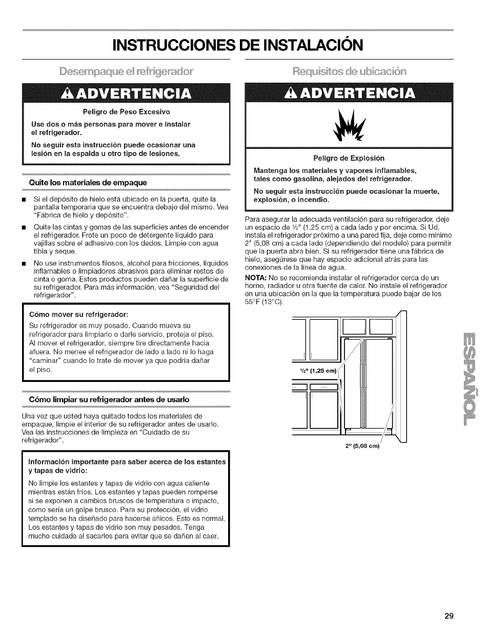 Instrucciones de instalacion, Peligro de peso excesivo, Quite los materiales de empaque | Cómo mover su refrigerador, Cómo limpiar su refrigerador antes de usado, Uso de su refrigerador, Ik advertencia, A advertencia, Refrigfìrador | Kenmore WI0151336A User Manual | Page 29 / 80