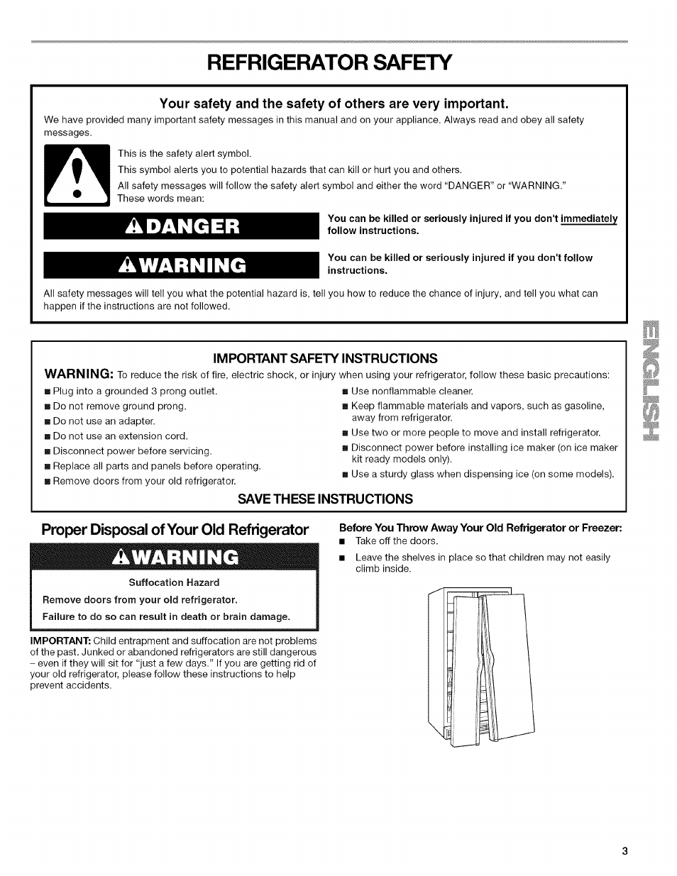 Refrigerator safety, Important safety instructions, Save these instructions | Proper disposal of your old refrigerator, Suffocation hazard, Adanger awarning, Awarning, Important safety instructions warning | Kenmore WI0151336A User Manual | Page 3 / 80