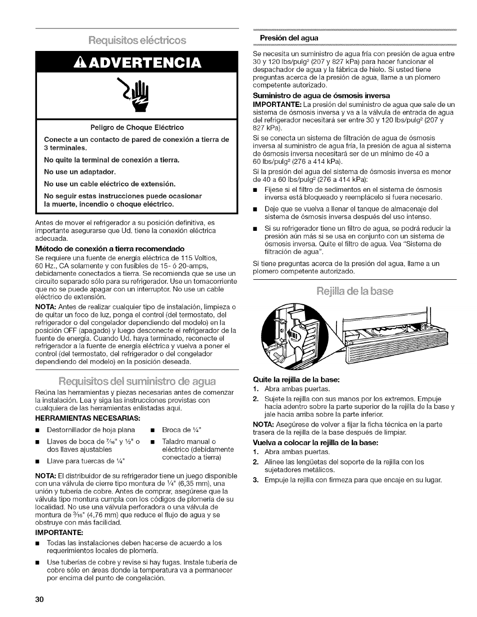 Importante, Quite la rejilla de la base, A advertencia | Reqyisäos eléctricos | Kenmore WI0151336A User Manual | Page 30 / 80