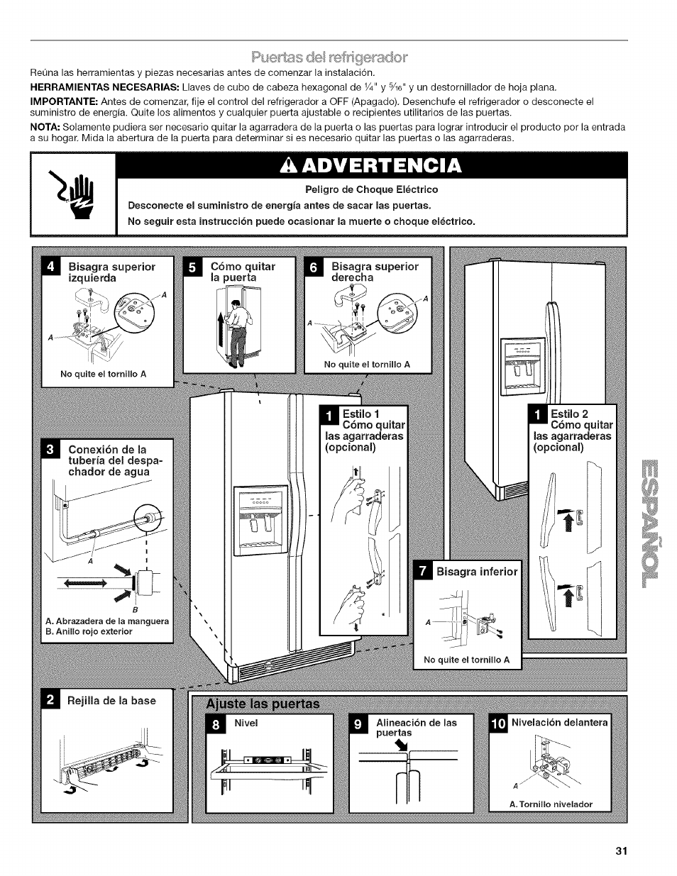A advertencia, Pyertas del refrigerador | Kenmore WI0151336A User Manual | Page 31 / 80