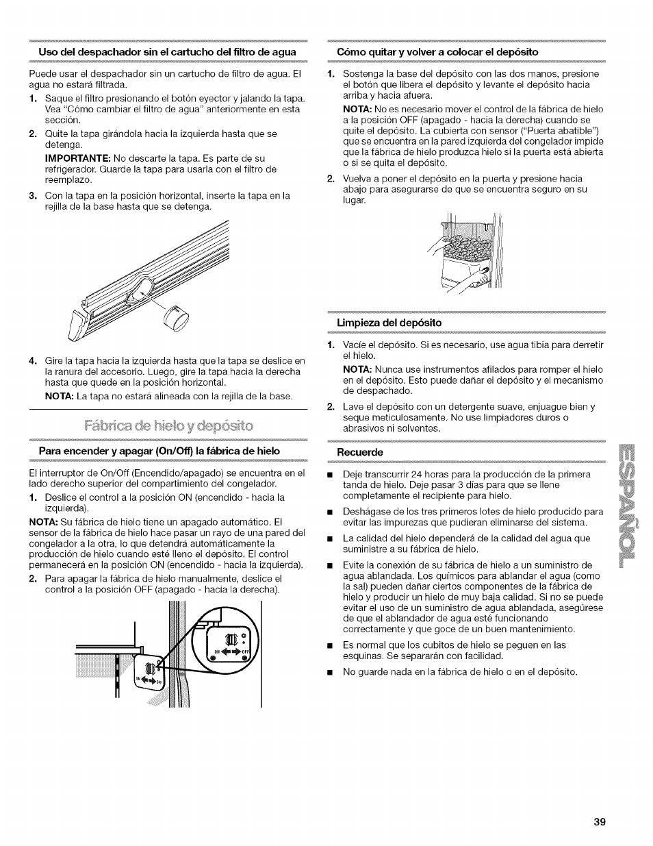 Cómo quitar y volver a colocar el depósito, Limpieza dei depósito, Recuerde | Kenmore WI0151336A User Manual | Page 39 / 80