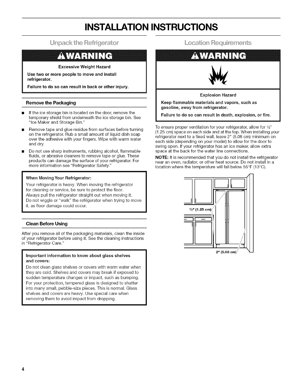 Installation instructions, À warning, Excessive weight hazard | When moving your refrigerator, Installation instructions à warning, Remove the packaging, Clean before using | Kenmore WI0151336A User Manual | Page 4 / 80