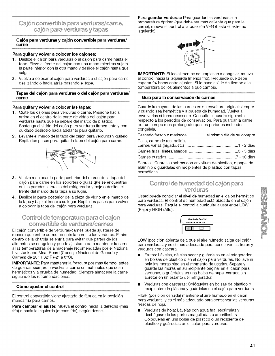 Para quitar y volver a colocar los cajones, Para quitar y volver a colocar las tapas, Cómo ajustar el control | Guía para la conservación de carnes, Del ïl cí3нc3'н'н, Loras | Kenmore WI0151336A User Manual | Page 41 / 80
