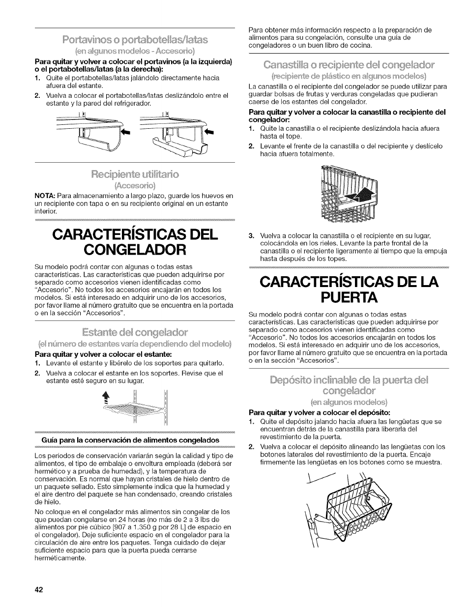 Caracteristicas del congelador, Para quitar y volver a colocar el estante, Caracteristicas de la puerta | Guía para la conservación de alimentos congelados, Para quitar y volver a colocar el depósito, Características del congelador, Características de la puerta | Kenmore WI0151336A User Manual | Page 42 / 80