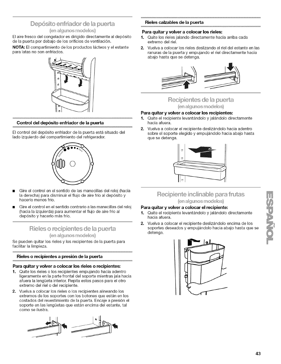 Rieles calzables de la puerta, Control del depósito enfriador de la puerta, Rieles o recipientes a presión de la puerta | Para quitar y voiver a coiocar ios rieies, Para quitar y voiver a coiocar ios recipientes, Para quitar y voiver a coiocar ei recipiente, Depósito enfriador de la puerta, Rieles o recipientes de la puerta | Kenmore WI0151336A User Manual | Page 43 / 80