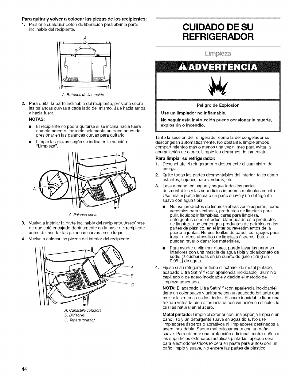 Notas, Cuidado de su refrigerador, Peligro de explosión | Kenmore WI0151336A User Manual | Page 44 / 80