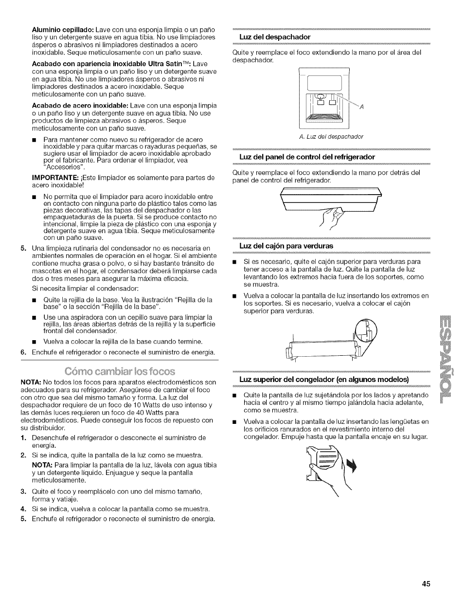 Luz del despachador, Luz del panel de control del refrigerador, Luz del cajón para verduras | Luz superior del cxingelador (en algunos modelos) | Kenmore WI0151336A User Manual | Page 45 / 80