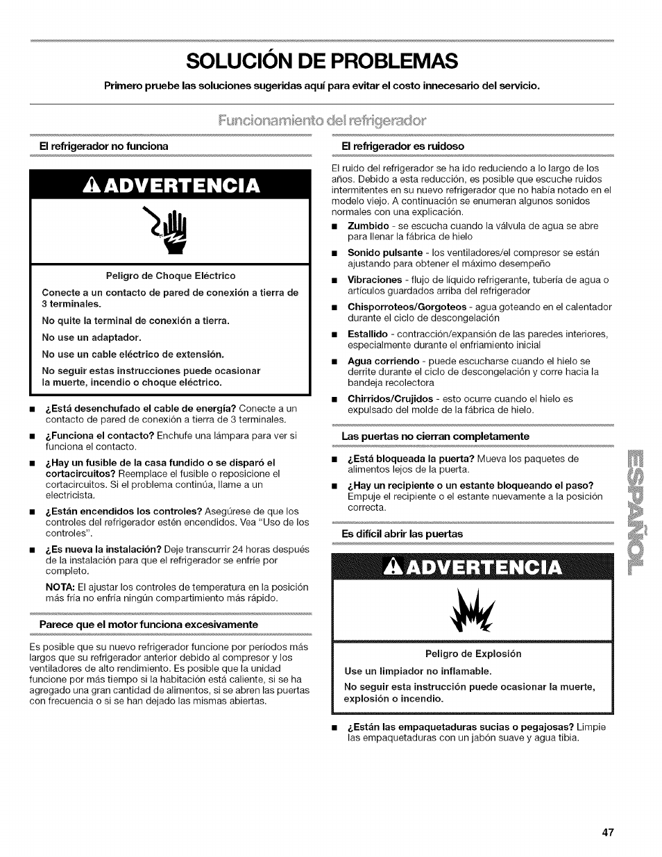 Solucion de problemas, El refrigerador no funciona, Parece que el motor funciona excesivamente | El refrigerador es ruidoso, Las puertas no cierran completamente, Es difícil abrir las puertas, Solución de problemas, A advertencia %r | Kenmore WI0151336A User Manual | Page 47 / 80