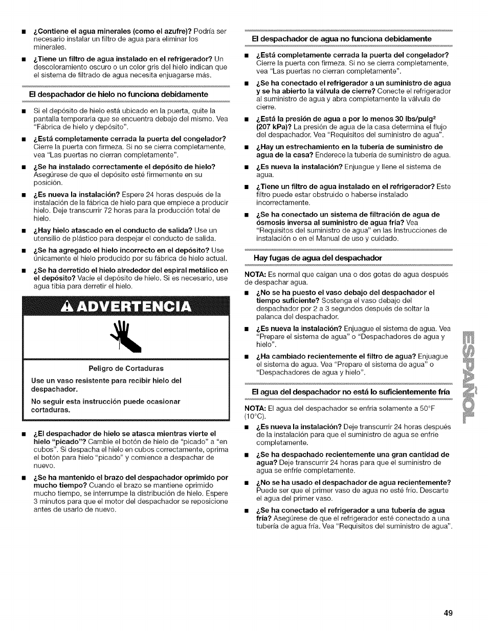 El despachador de hielo no funciona debidamente, El despachador de agua no funciona debidamente, Hay fugas de agua del despachador | Kenmore WI0151336A User Manual | Page 49 / 80