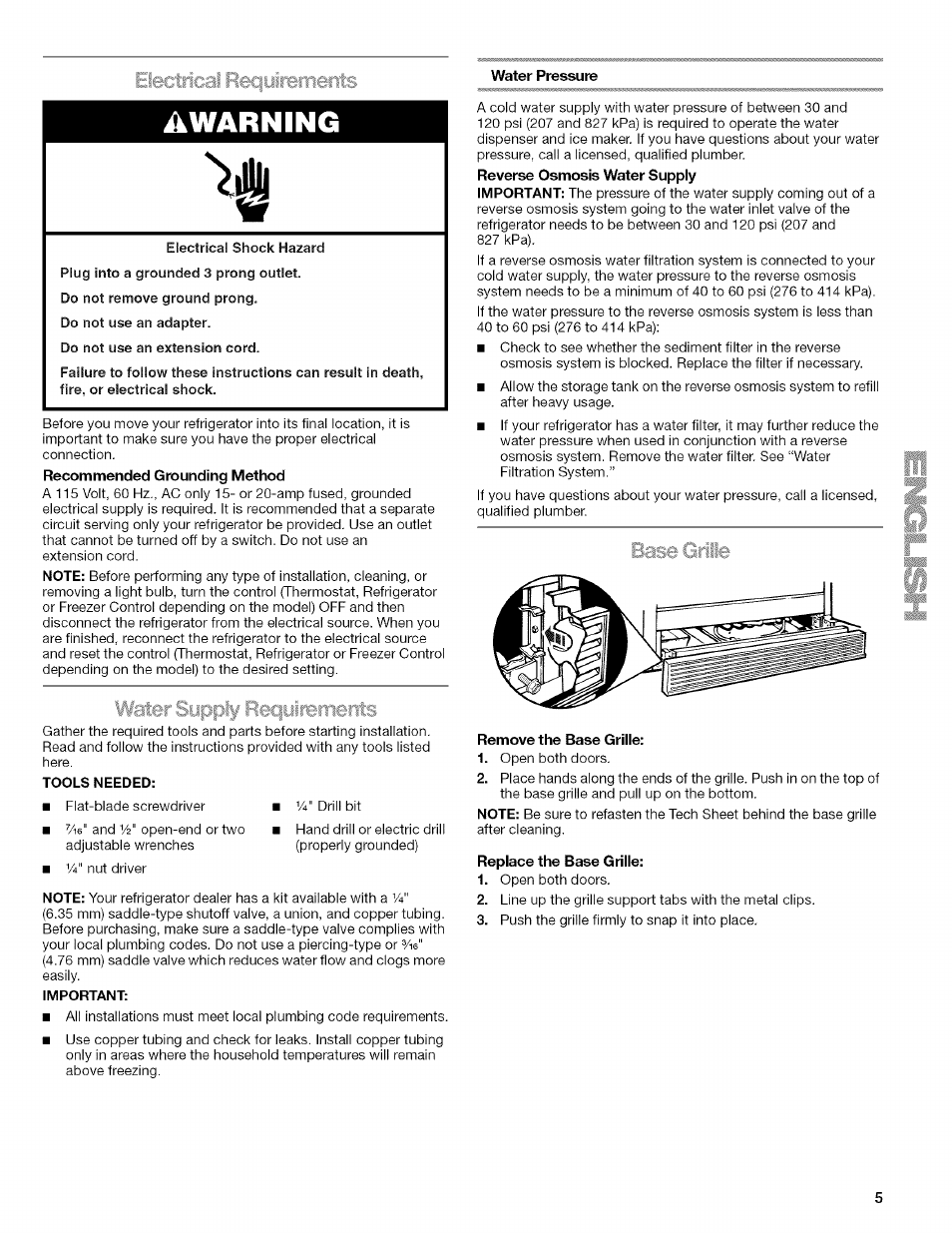 Tools needed, Important, Water pressure | Remove the base grille, Replace the base grille, Awarning, Electrical reciyirbirients | Kenmore WI0151336A User Manual | Page 5 / 80