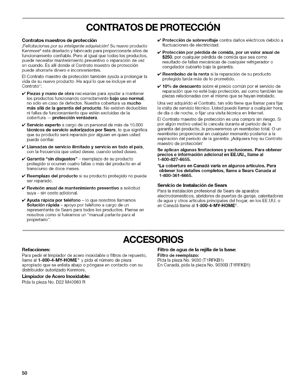 Contratos de proteccion, Contratos maestros de protección, Servicio de instalación de sears | Accesorios, Refacciones, Contratos de protección | Kenmore WI0151336A User Manual | Page 50 / 80