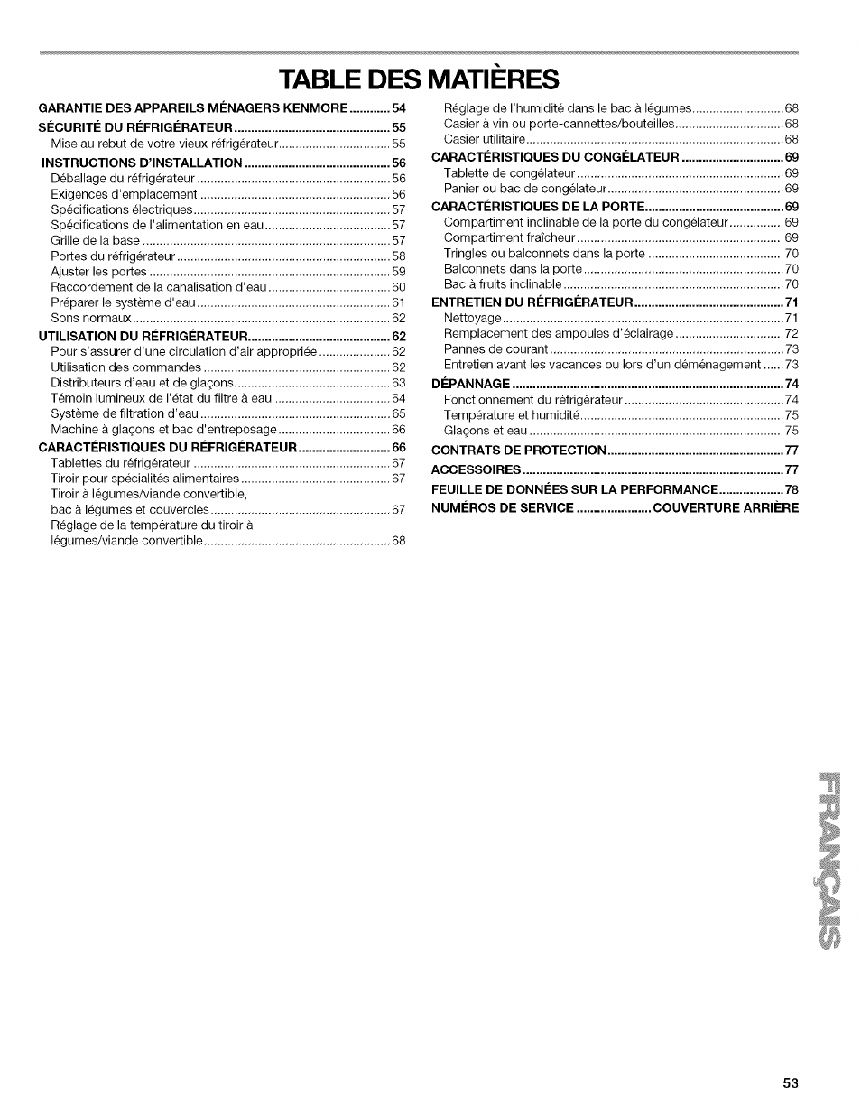 Table des matieres | Kenmore WI0151336A User Manual | Page 53 / 80