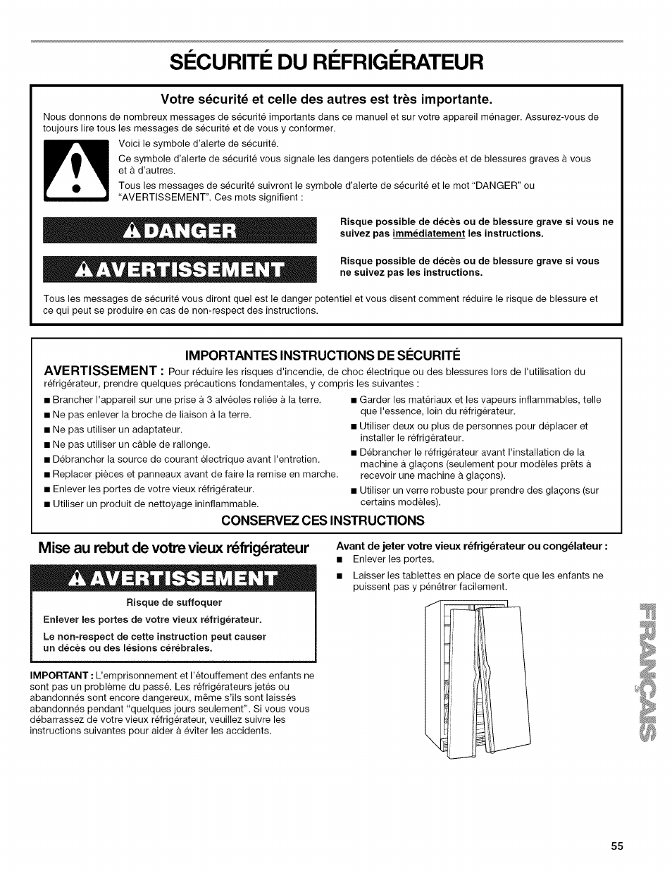 Securite du refrigerateur, Importantes instructions de securite, Conservez ces instructions | Mise au rebut de votre vieux réfrigérateur, Risque de suffoquer, Sécurité du réfrigérateur, Importantes instructions de securite avertissement | Kenmore WI0151336A User Manual | Page 55 / 80