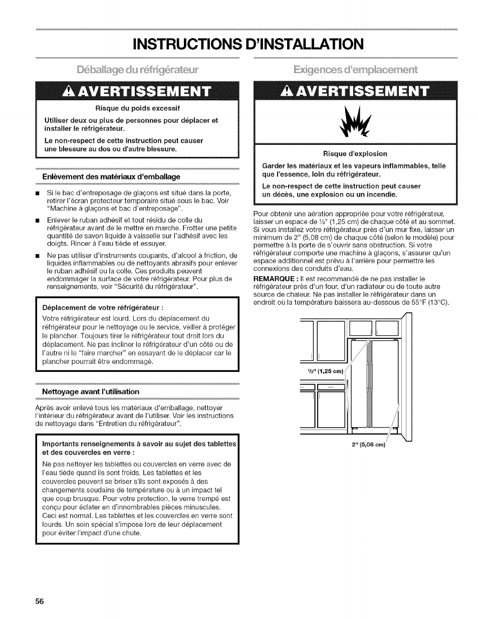 Instructions d’installation, Risque du poids excessif, Enlèvement des matériaux d'emballage | Nettoyage avant l’utilisation, Instructions d’installation ik avertissement, Avertissement, Exigeriees d'ernpiacernent | Kenmore WI0151336A User Manual | Page 56 / 80
