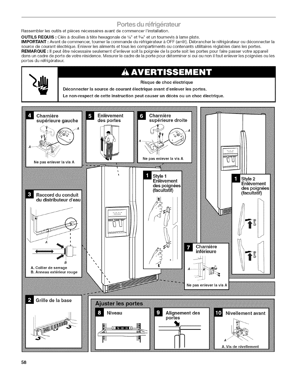 A avertissement, Portes du réfrigérateur | Kenmore WI0151336A User Manual | Page 58 / 80