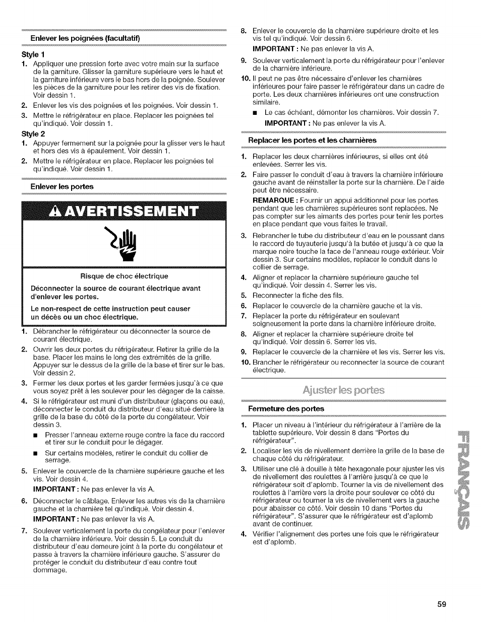 Enlever les poignées (facultatif), Style 1, Enlever les portes | Replacer les portes et les charnières, Fermeture des portes, A avertissement, Aitister les | Kenmore WI0151336A User Manual | Page 59 / 80