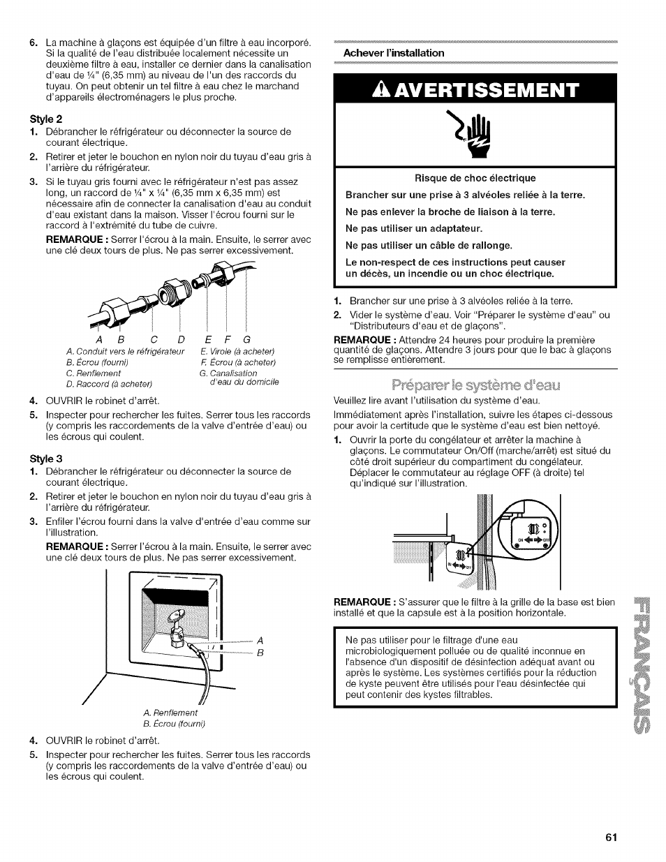 Style 2, Achever l’installation, Styles | Risque de choc électrique, A avertissement %r | Kenmore WI0151336A User Manual | Page 61 / 80