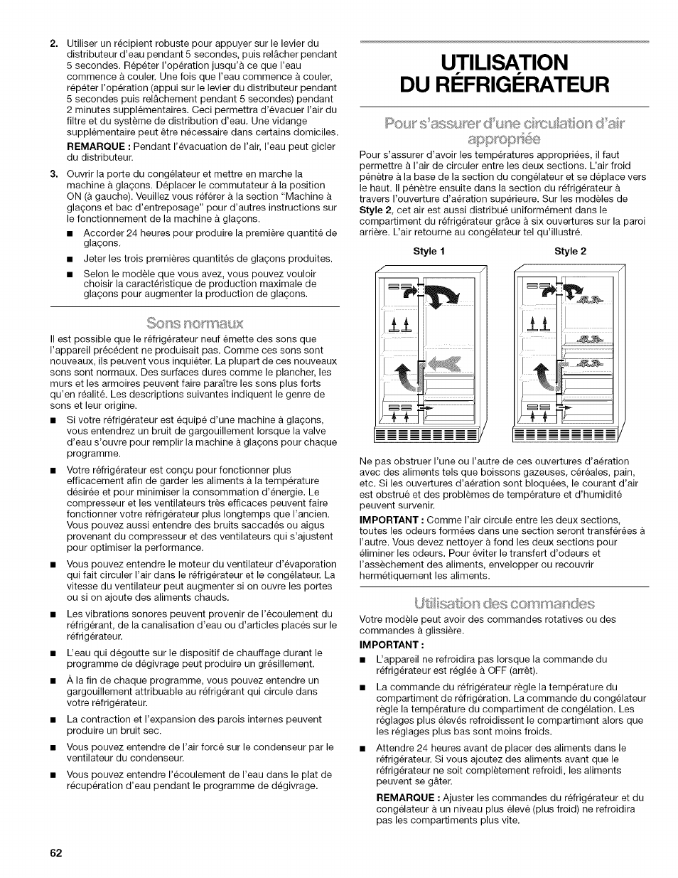 Utilisation du réfrigérateur, Important, Portes du réfrigérateur | Sons (fiorrnaijx | Kenmore WI0151336A User Manual | Page 62 / 80