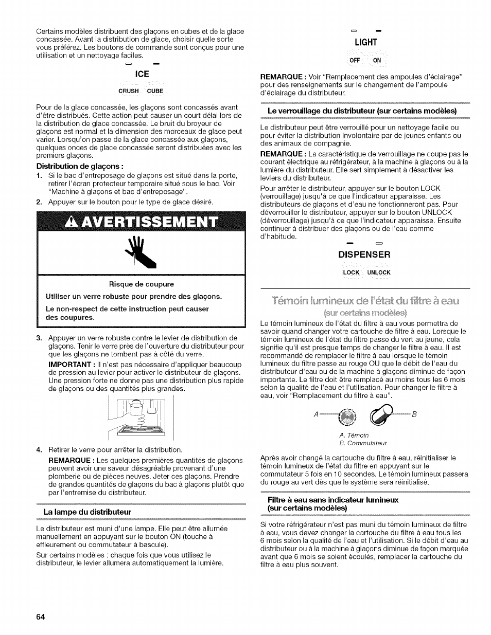 La lampe du distributeur, Light, Dispenser | Off on | Kenmore WI0151336A User Manual | Page 64 / 80